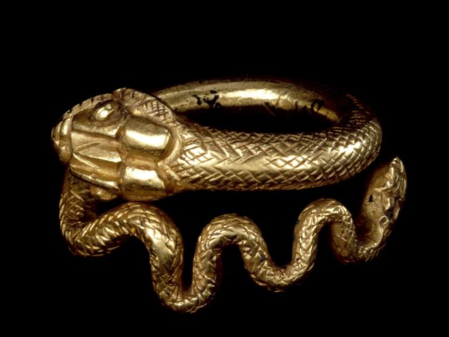 Gold finger ring on show at NGV exhibition Pharaoh. Picture: The Trustees of the British Museum