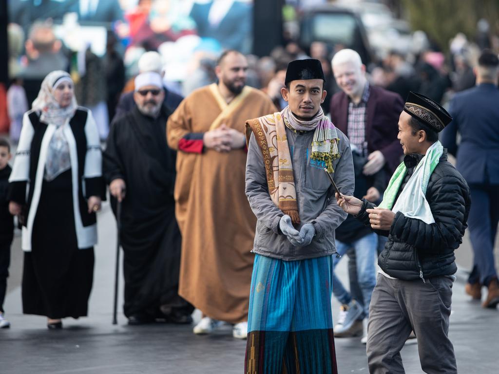 Worshippers after Eid al-Adha prayers outside Lakemba Mosque. Picture: Julian Andrews. Photos can be purchased at newsphotos.com.au