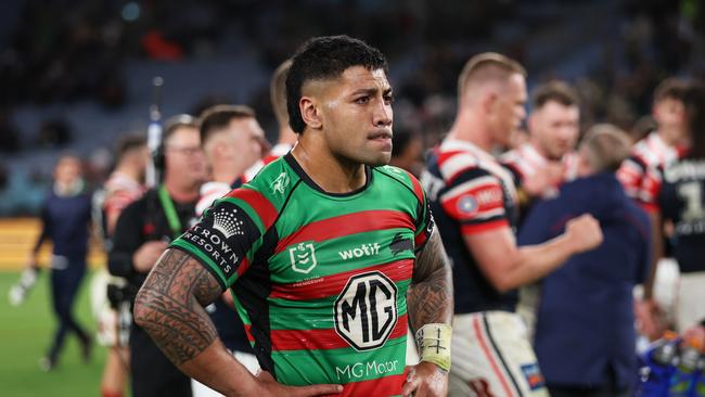 SYDNEY, AUSTRALIA - SEPTEMBER 01:  Hame Sele of the Rabbitohs looks dejected after the round 27 NRL match between South Sydney Rabbitohs and Sydney Roosters at Accor Stadium on September 01, 2023 in Sydney, Australia. (Photo by Matt King/Getty Images)