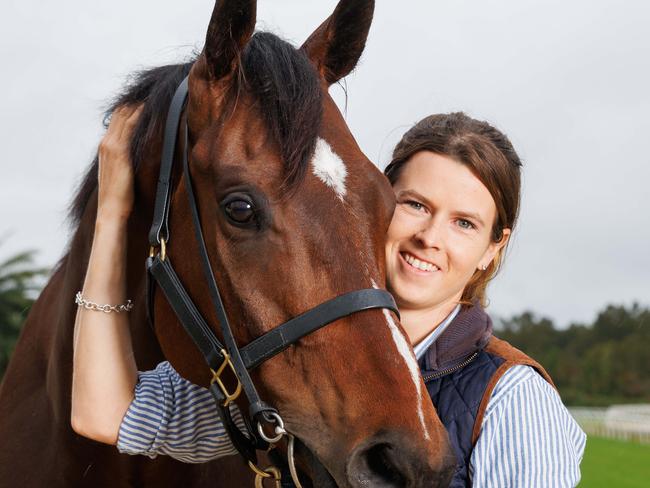 DAILY TELEGRAPH. Wyong racehorse trainer Sara Ryan has only been training for a year but she has already had a win, straight out of the gate almost 12 months ago. Pictured with her horse Attractable at Wyong Racecourse. Sunday 05/11/2023. Picture by Max Mason-Hubers