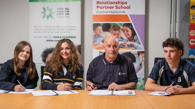 Bannockburn P-12 College social worker Greg Mays with students Chelsea Liddicoat, Briony Prossor and Christopher Stephenson. Picture: Brad Fleet