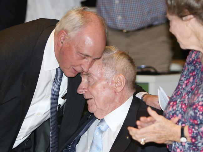 Paul Keating embraces Bill Hayden in 2017. Picture: AAP/Steve Pohlner