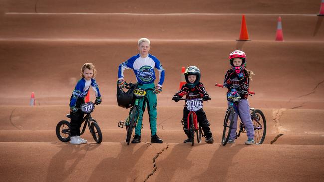 Riders Nixon Rattigan, 6, Perry Rattigan, 9, George Ellis, 5 and Zara Claughton, 7, at the track. Picture: Naomi Jellicoe