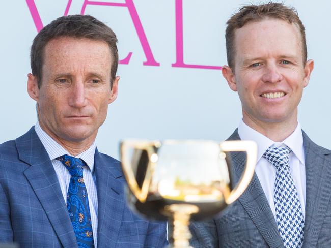 MELBOURNE, AUSTRALIA - OCTOBER 28: Melbourne Cup-winning jockeys Damien Oliver (L) and Kerrin McEvoy (R) during the 2019 Melbourne Cup Carnival Launch at Flemington Racecourse on October 28, 2019 in Melbourne, Australia. (Photo by Asanka Ratnayake/Getty Images)