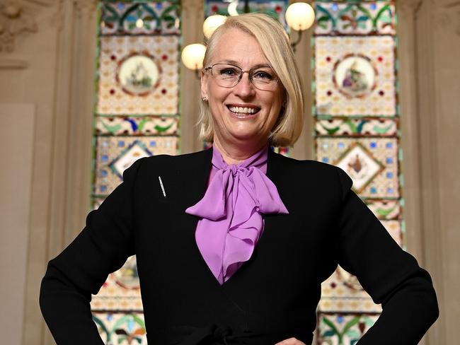 MELBOURNE, AUSTRALIA - OCTOBER 18: Lord Mayor of Melbourne, Sally Capp poses in the Grand Cathedral Room at Queen and Collins to Launch Melbourne Fashion Week 2021 on October 18, 2021 in Melbourne, Australia. Melbourne Fashion Week 2021 will run from Monday 15 to Sunday 21 November. (Photo by Quinn Rooney/Getty Images)