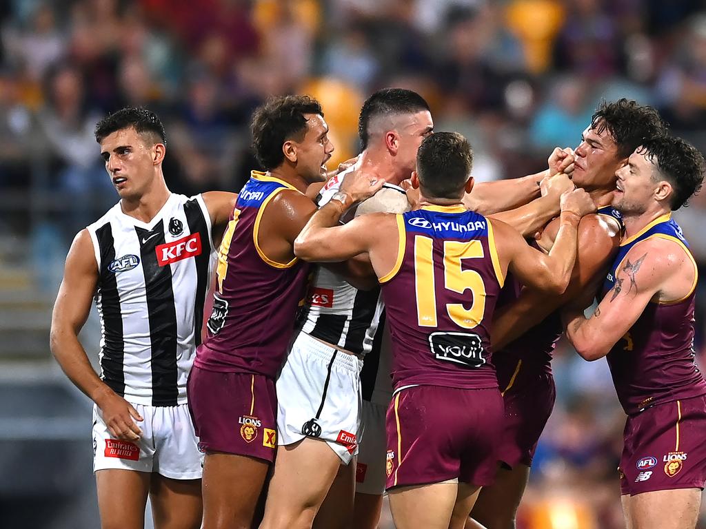 Players tussle during a crucial match for both of last year’s grand finalists. Picture: Albert Perez/AFL Photos via Getty Images