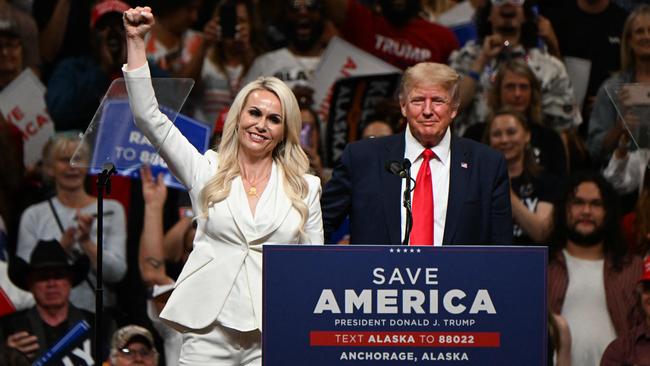 US Senate candidate Kelly Tshibaka speaks alongside former US President Donald Trump during a "Save America" rally in Alaska. Picture: AFP