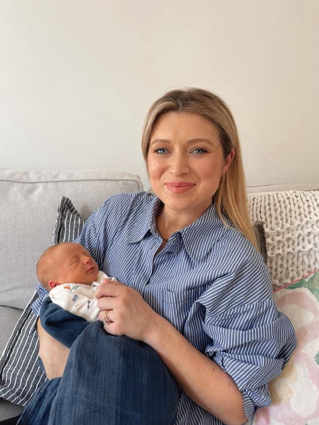 Seven weather presenter Amelia Mulcahy with new baby Ted.