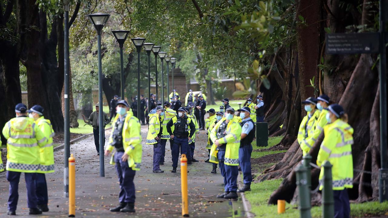 There were more police than protesters in the Domain at noon. Picture: Matrix