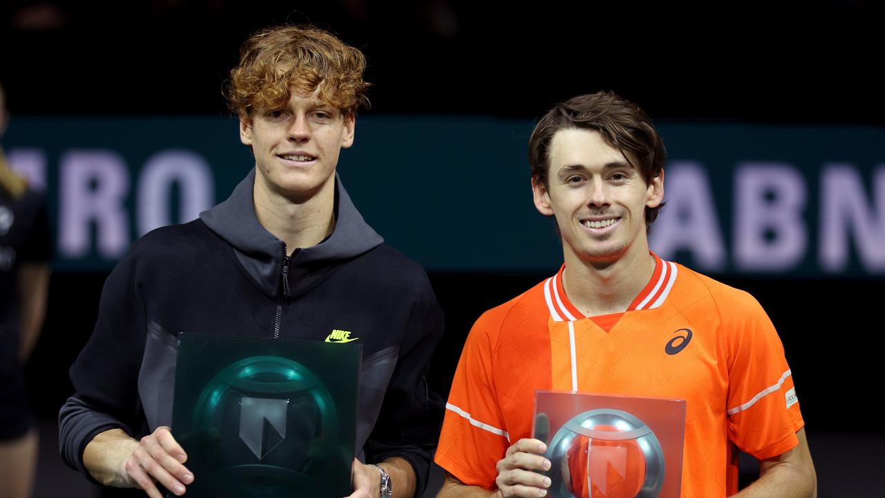 Jannik Sinner with the winners trophy after victory against Alex de Minaur. Photo by Dean Mouhtaropoulos/Getty Images.