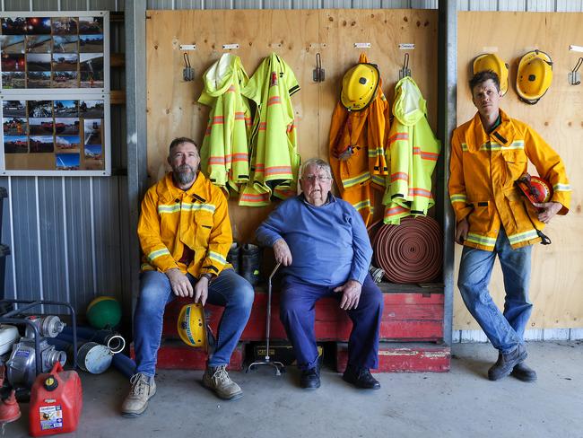 Lieutenant Brad Missen, secretary Hughie Stag and captain Ton Van Dijk inside the Winnindoo Fire Brigade station. Picture: Ian Currie