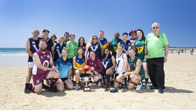 AFL Masters National Carnival launch photoshoot at Mooloolaba Beach on the Sunshine Coast.