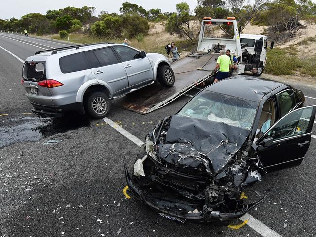 A tourist on her way to Adelaide died in this crash just days after Christmas, and her father and two other motorists were injured. The smash occurred about 2km north of the small town Coonalpyn, on the Dukes Highway. Picture: Tom Huntley