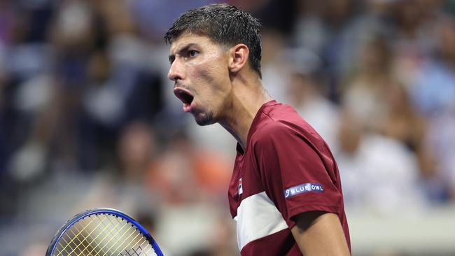 NEW YORK, NEW YORK - SEPTEMBER 01: Alexei Popyrin of Australia reacts against Frances Tiafoe of the United States during their Men's Singles Fourth Round match on Day Seven of the 2024 US Open at USTA Billie Jean King National Tennis Center on September 01, 2024 in the Flushing neighborhood of the Queens borough of New York City. (Photo by Jamie Squire/Getty Images)