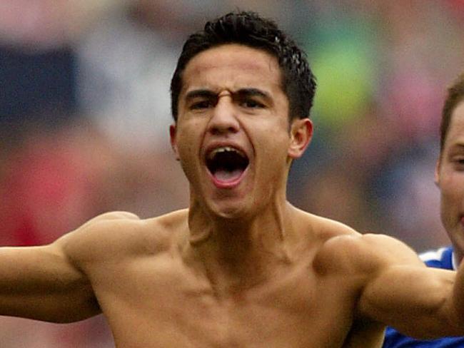 Apr 04, 2004 : Millwall's Tim Cahill celebrates after scoring the opening goal against Sunderland during their FA Cup semifinal game at Old Trafford Stadium.  Soccer  A/CT sport action o/seas bare chest