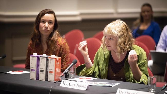 Grassroots Action Network Amelia Cromb, left, and Amy Booth give evidence at the Senate Select Committee on Supermarket Prices in Hobart, with produce sourced from rubbing bins outside supermarkets. Picture: Chris Kidd