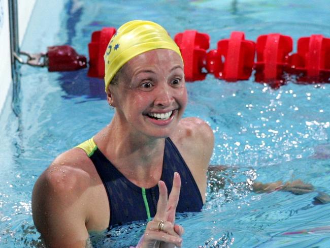 An ecstatic Brooke Hanson after winning silver in the 100m breaststroke at the Athens Olympics. Picture: Phil Hillyard