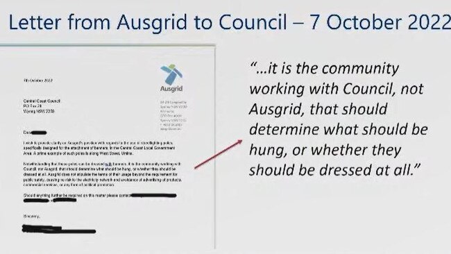 Central Coast Council claims it has emails from Ausgrid which confirmed it "changed its position" in relation to the banners. Picture: supplied