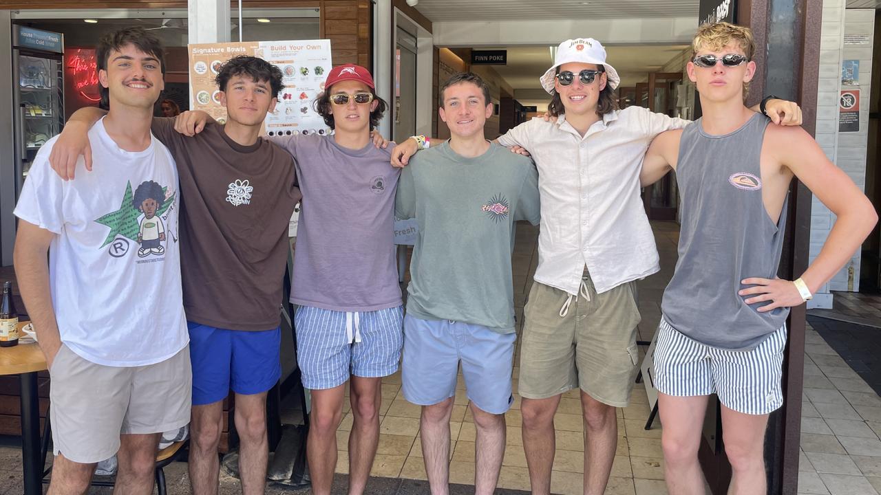 Harrison Pourounidis, 18, Ethan Cassar, 18, Callum Stewart, 18, Mike Bleicher, 18, Lachie Sheridan, 18, and Toby Cahill, 18, at Byron Bay Schoolies celebrations. Picture: Sam Stolz