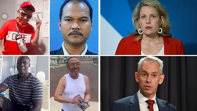 Home Affairs Minister Clare O’Neil (top right) and Immigration Minister Andrew Giles (bottom right) are in strife again over their handling of criminal detainees including William Yekrop (clockwise from left); Sirul Azhar Umar; Emran Dad and Allyawar Yawari.