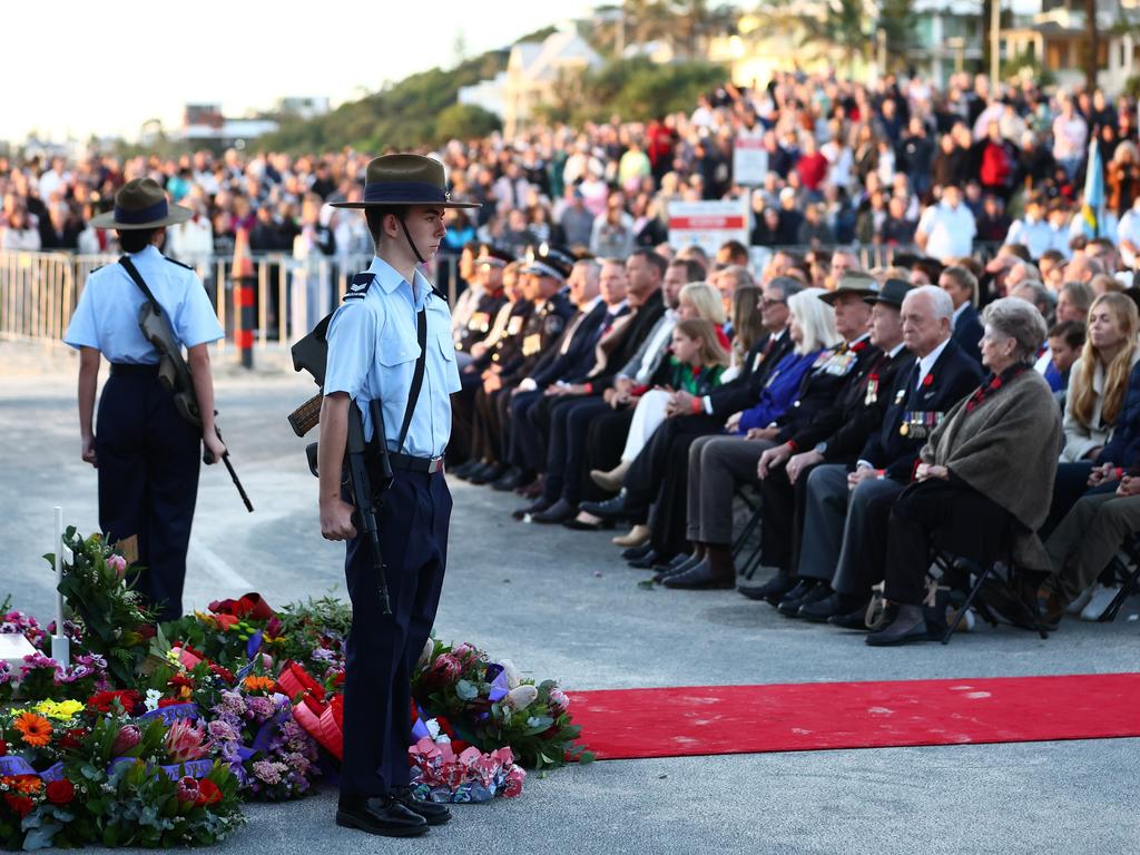 Service personnel take part in the ANZAC dawn service on April 25, 2024 in Currumbin, Australia. (Photo by Chris Hyde/Getty Images)