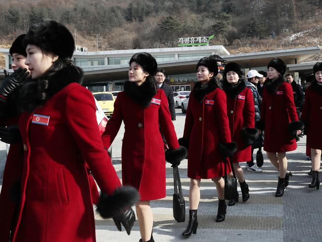 North Korean cheerleaders make a unique statement. Picture: Lee Ji-eun/Yonhap via AP
