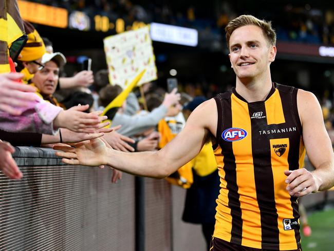 Harry Morrison gets around the fans. Picture: Josh Chadwick/AFL Photos