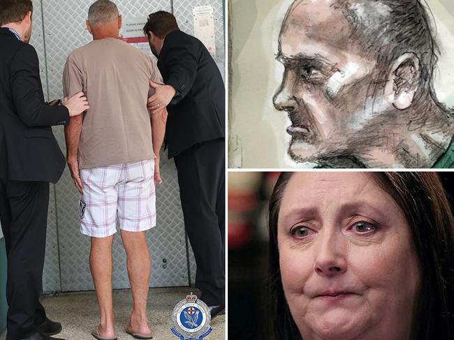 Chris Dawson is escorted by police to Southport Watchhouse; a court illustrator captures Dawson's appearance before a magistrate this morning; former Dawson family babysitter Bev McNally.