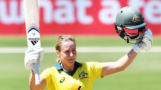 ADELAIDE, AUSTRALIA - FEBRUARY 24: Ellyse Perry of Australia celebrates after reaching her maiden one day century during game two of the One Day International Series between Australia and New Zealand at Karen Rolton Oval on February 24, 2019 in Adelaide, Australia. (Photo by Mark Brake/Getty Images)