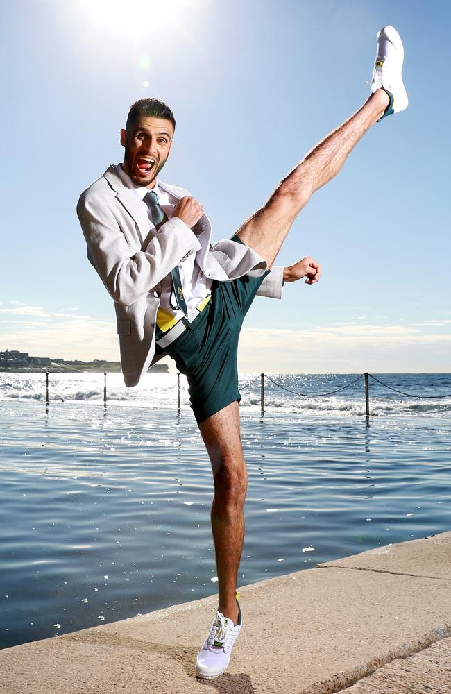 Taekwondo athlete Safwan Khalil unveils the 2020 Tokyo Olympic Games uniforms in Coogee. Picture: Tim Hunter