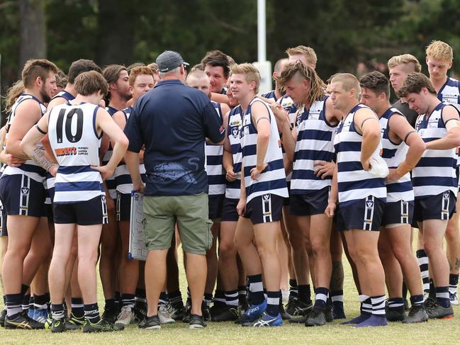 Pearcedale coach Boris Hamilton and his players. Picture: Doug Farr