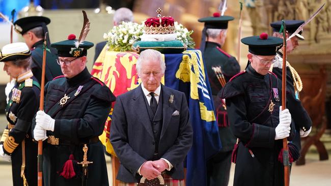 EDINBURGH, SCOTLAND - SEPTEMBER 12: King Charles III, Prince Edward, Duke of Wessex, Princess Anne, Princes Royal and Prince Andrew, Duke of York hold a vigil at St Giles' Cathedral, in honour of Queen Elizabeth II as members of the public walk past on September 12, 2022 in Edinburgh, Scotland. The QueenÃ¢â¬â¢s four children attend to stand vigil over her coffin where it lies in rest for 24 hours before being transferred by air to London. (Photo by Jane Barlow - WPA Pool/Getty Images)