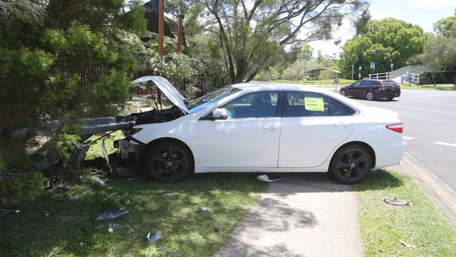 A car crashed beside a childcare centre at the 19th Ave and Saffron St roundabout in Elanora. Picture: Richard Gosling