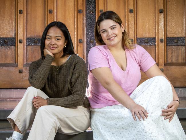 ADELAIDE, AUSTRALIA - Advertiser Photos DECEMBER 16, 2022: Kickstart for Kids success stories Zandra and Billie who are now both in jobs and will start tertiary study next year, outside Adelaide University on North Terrace. Picture Emma Brasier