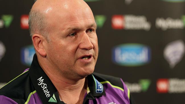 Cricket Tasmania CEO Nick Cummins speaking to reporters at Blundstone Arena to announce the sudden departure of Gary Kirsten. Picture: SAM ROSEWARNE