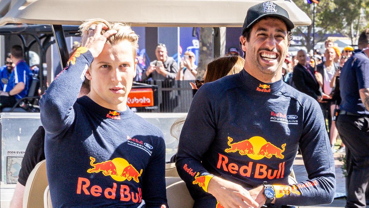 Australian F1 Grand Prix, Melbourne. Albert Park. 2024. Thursday. Liam Lawson and Daniel Ricciardo. Picture: Jake Nowakowski