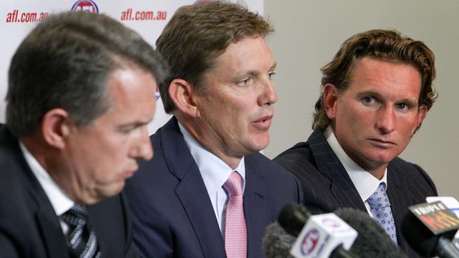 Former Essendon CEO Ian Robson, chairman David Evans and coach James Hird.