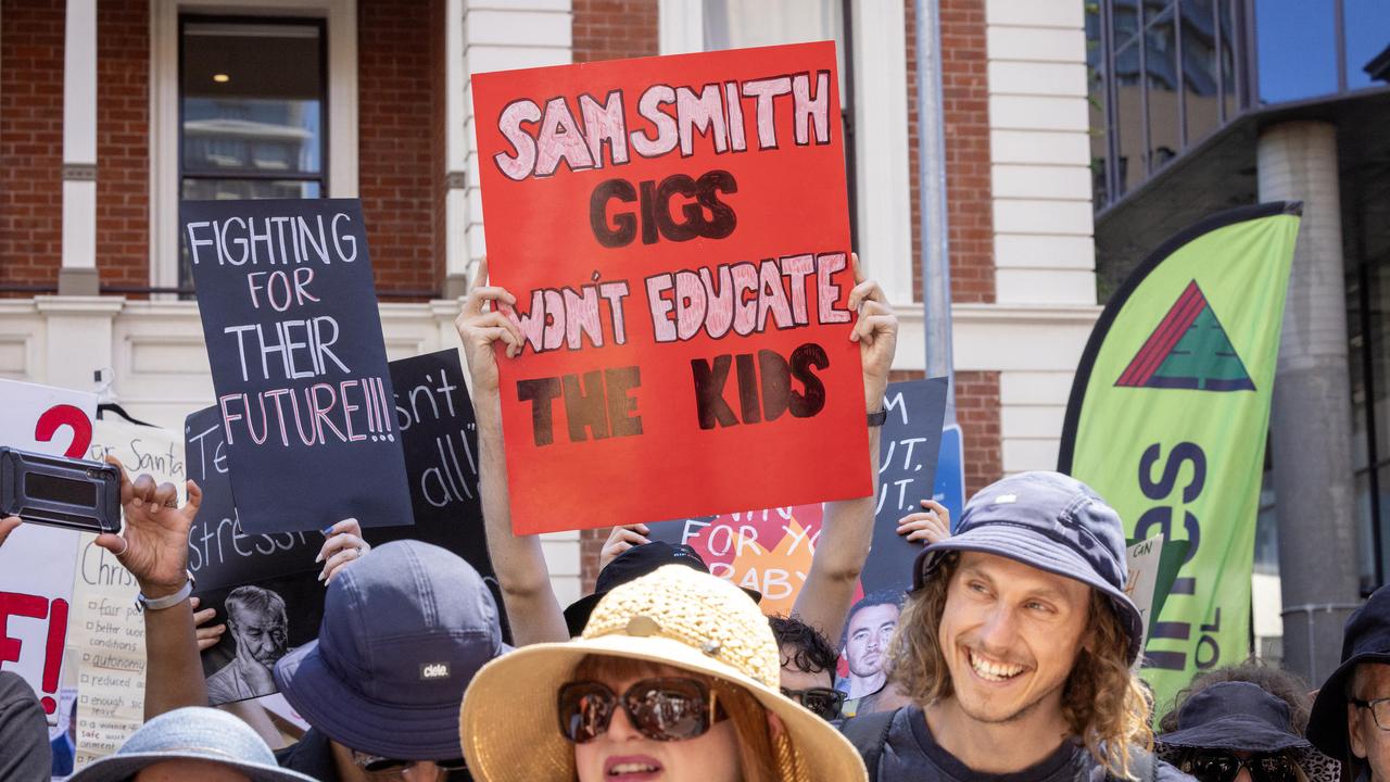 South Australian Educators gathered outside the Department for Education on Flinders Street to protest on Thursday. Picture: NCA NewsWire / Emma Brasier