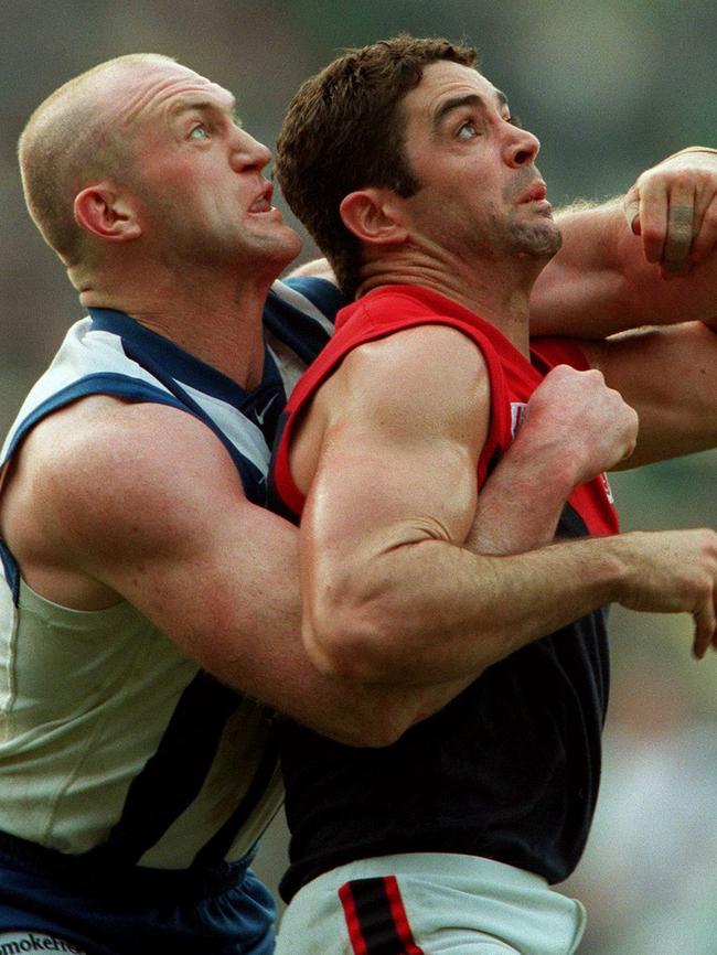 Garry Lyon contests with Mick Martyn for the ball.