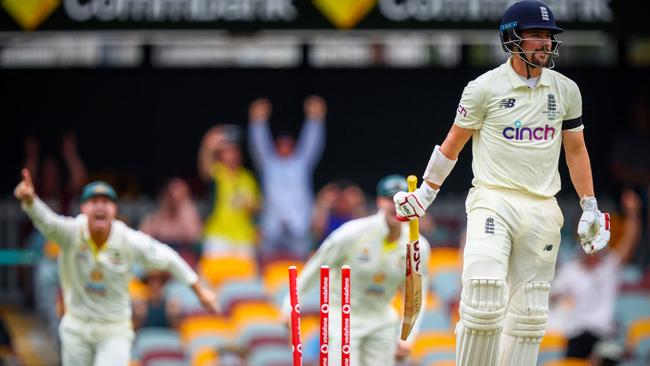 Rory Burns after being skittled first ball. Picture: AFP