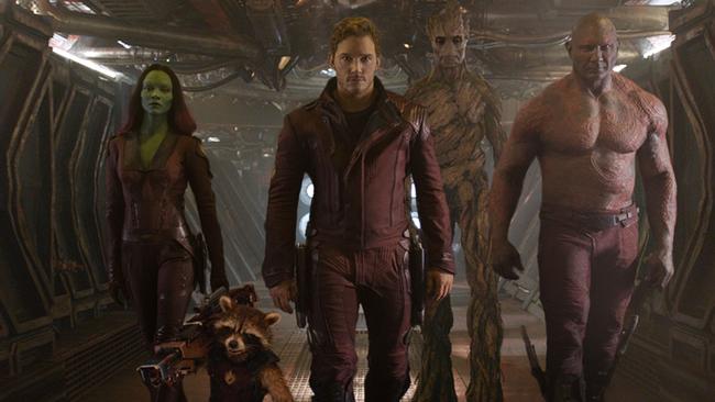 Zoe Saldana (left) as Gamora with her fellow Guardians of the Galaxy, Rocket Racoon (voiced by Bradley Cooper), Peter Quill/Star-Lord (Chris Pratt), Groot (voiced by Vin Diesel) and Drax the Destroyer (Dave Bautista).