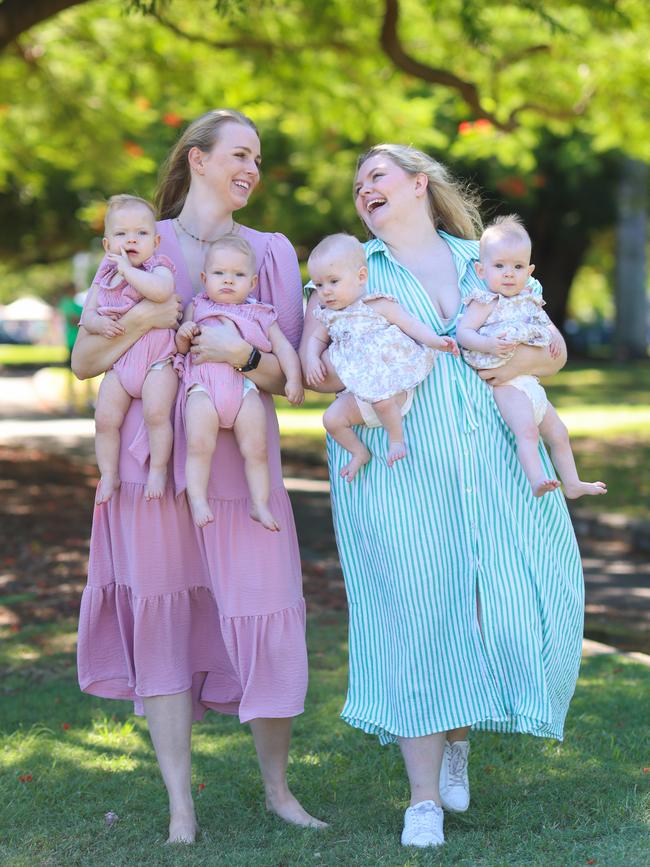 Kristen Meadows and Estelle McDonald with their identical twin girls on National Siblings Day (April 10). Picture: Peter Wallis