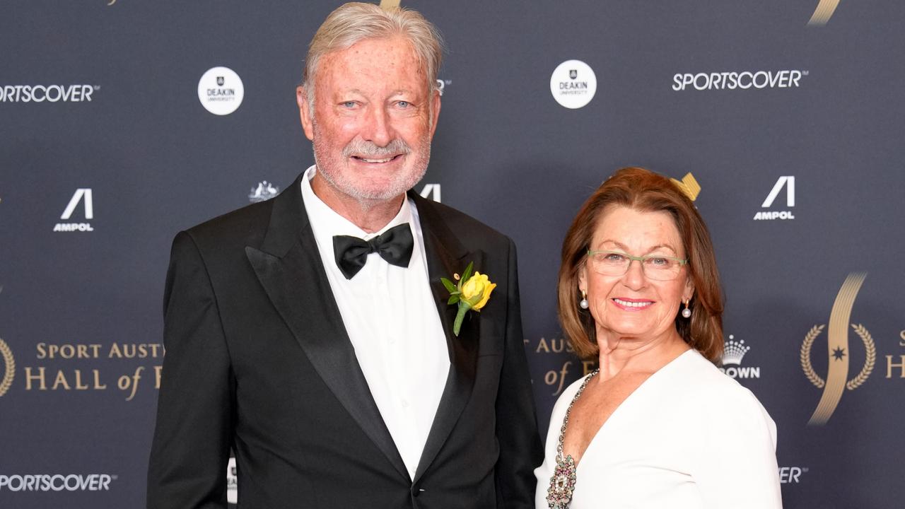 John and Rasa Bertrand at the 2024 Sport Australia Hall Of Fame Gala Dinner on November 18 in Melbourne. In Pat Cummins’ book Tested, he explains how he turned the Aussie Olympic swimming team around. Picture: Asanka Ratnayake/Getty Images