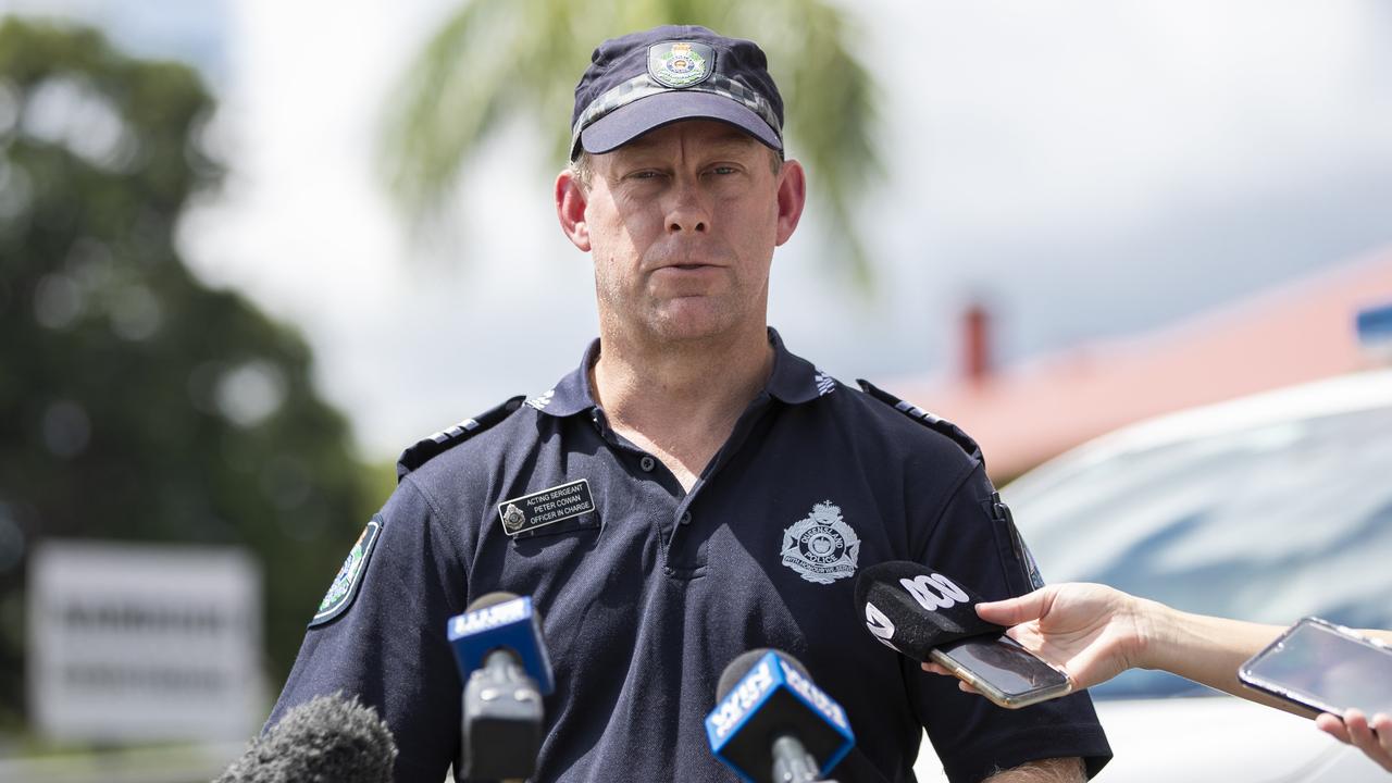 Sergeant Peter Cowan talking to media about a fatal crash near Gympie where a school bus collided with a Landcruiser in 2021. Picture: Lachie Millard