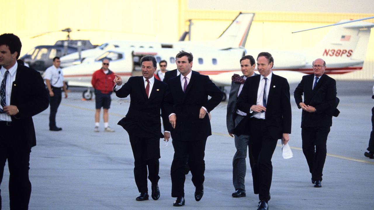 Prince Andrew and his entourage arriving in California back in 1993. Picture: SGranitz/WireImage