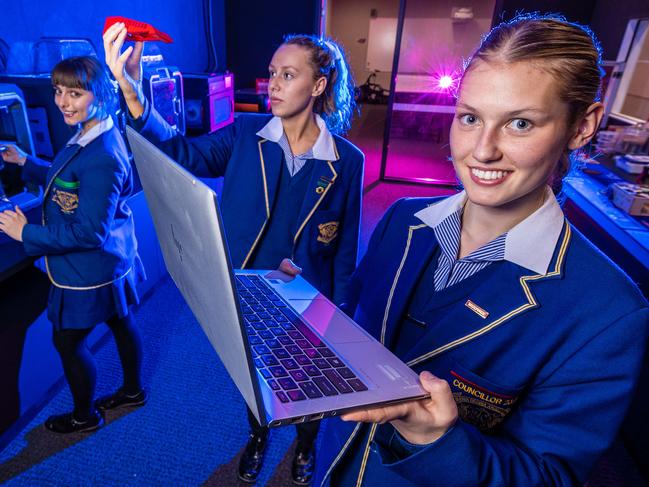 Loreto Toorak is among the top 50 best schools in the state. The girls have excelled in all areas particuarly STEM. Lana Siapantas (18), Charli Sandwith (17) and Georgia Watson (17) in the schoolÃs 3D printing lab. Picture: Jake Nowakowski