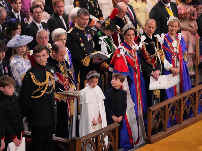 Prince Harry sat well behind Prince William and family. Picture: Getty Images