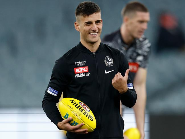 MELBOURNE, AUSTRALIA - JULY 05: Nick Daicos of the Magpies warms up during the 2024 AFL Round 17 match between the Collingwood Magpies and the Essendon Bombers at Melbourne Cricket Ground on July 05, 2024 in Melbourne, Australia. (Photo by Michael Willson/AFL Photos via Getty Images)