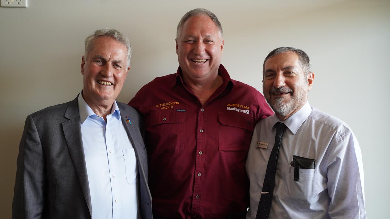 Mayoral candidates for the 2024 Mackay Regional Council (from left): incumbent mayor Greg Williamson, Steve Jackson, and incumbent councillor Laurence Bonaventura, at the Mackay Chamber of Commerce annual mayor's debate. Picture: Heidi Petith