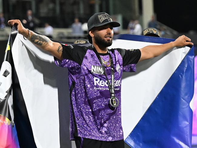 Nikhil Chaudhary of the Hurricanes celebrates the win during the BBL The Final match between Hobart Hurricanes and Sydney Thunder at Ninja Stadium on January 27, 2025 in Hobart, Australia. (Photo by Steve Bell/Getty Images)